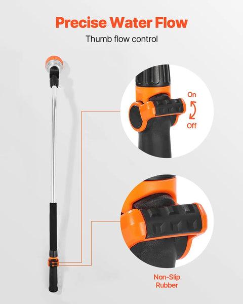36 Inch Extra Long Beefy Heavy Duty Watering Wand With 8 Spray Patterns And 180 Degree Swivel Head On Off Thumb Control Garden Hose Sprayer Aluminum Alloy Grip For Reaching Hanging Baskets And Tall Plants, showing thumb flow control and non-slip rubber handle.
