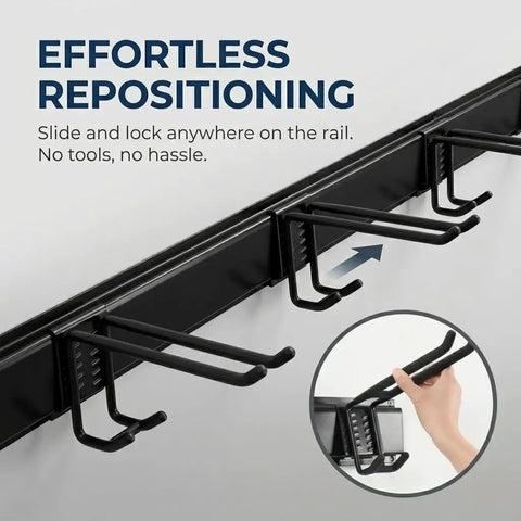 Effortless repositioning of Heavy Duty 48 Inch Garage Tool Organizer Wall Mount Rack Holds Up To 350 Lbs with adjustable hooks.