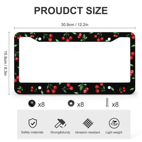 Cherry Themed Aluminum License Plate Frame With Anti Slip Breathable Steering Wheel Cover Dope Little Red Cherries Look Includes Screws Fasteners Caps For Cars Trucks SUVs Minivans Easy Install For Men And Women
