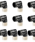 Pack of ten pneumatic female elbow push to connect fittings 5/16 inch tube OD by 1/8 inch NPT thread 90 degree copper and plastic PLF series