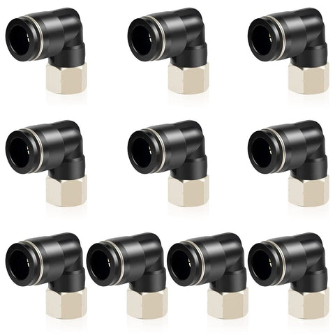Pack of ten pneumatic female elbow push to connect fittings 5/16 inch tube OD by 1/8 inch NPT thread 90 degree copper and plastic PLF series