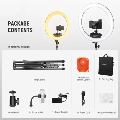 18 Inch Ultra Thin Ring Light With Tripod Stand And Phone Holder For iPhone, package contents overview