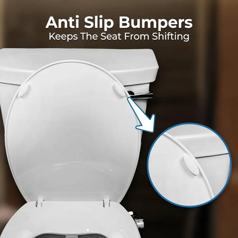 Anti-slip bumpers on left side elongated bidet toilet seat with dual nozzles, T adapter and bottle, adjustable water pressure.