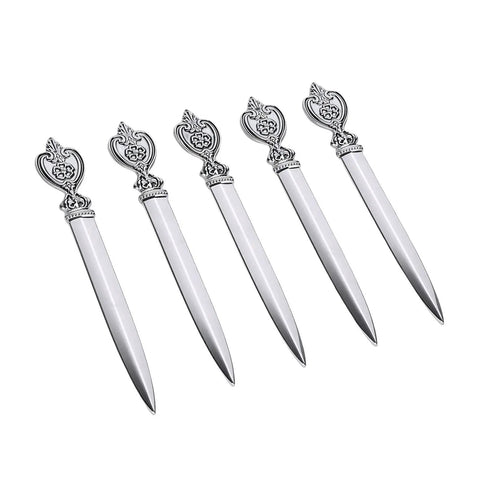 Vintage Leaf Floral Pattern Metal Letter Opener Set, 5 Pack displayed diagonally with ornate handles