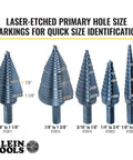 Five step drill bits with laser-etched markings, including Step Drill Bit With Aluminum Titanium Nitride Coating For Long Lasting Durability, Double Fluted For Clean Cuts And Chip Removal, Size Seven Eighths To One And One Eighth Inch, Three Eighth Inch Hex Shank, Easy Read Markings