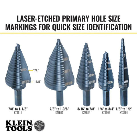 Five step drill bits with laser-etched markings, including Step Drill Bit With Aluminum Titanium Nitride Coating For Long Lasting Durability, Double Fluted For Clean Cuts And Chip Removal, Size Seven Eighths To One And One Eighth Inch, Three Eighth Inch Hex Shank, Easy Read Markings