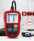 AL319 OBD2 Scanner Car Code Reader for Engine Fault Codes, shown with vehicle and features, plug-in and multilingual support