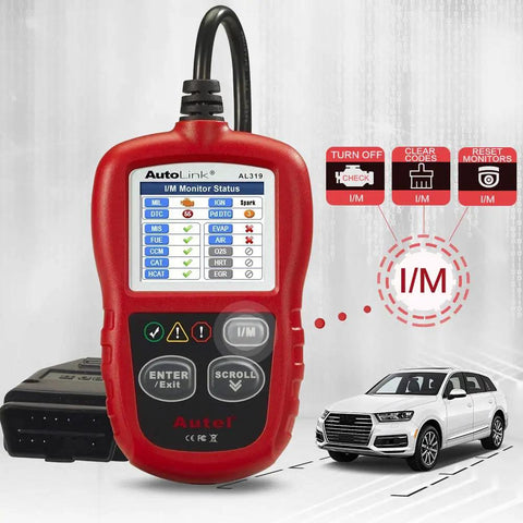 AL319 OBD2 Scanner Car Code Reader for Engine Fault Codes, shown with vehicle and features, plug-in and multilingual support