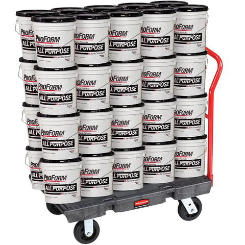 Heavy Duty Rubber On Cast Iron Caster Wheels Built Tough To Roll Easy For Waste Carts And Dumpster Bins Straight Roller Bearing Setup Six Inch Diameter Two Inch Wide Black on a cart with joint compound buckets.