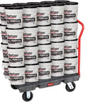 Heavy Duty Rubber On Cast Iron Wheels With Half Inch Straight Roller Bearings For Dumpsters And Trash Carts 4 Inch Diameter 2 Inch Wide Tough As Nails Industrial Caster Set Of 2 Black supporting a cart with buckets.