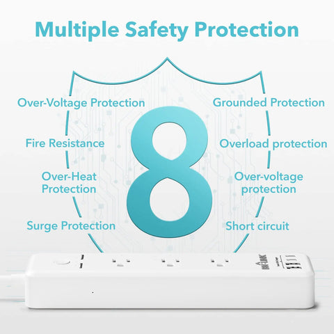 Image of 7 In 1 Surge Protector Power Strip With PD 20W USB C Fast Charging 3 AC Outlets 4 USB Ports, showing multiple safety features.