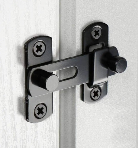 3 Pack Heavy Duty Stainless Steel Door Lock Flip Bolt Latch Set In Black For Doors Cabinets And Barn Style Sliding Doors, mounted close-up