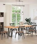 Dining room with wood table supported by adjustable dining table legs set of 3 in sturdy steel with levelers, anthracite V shaped.