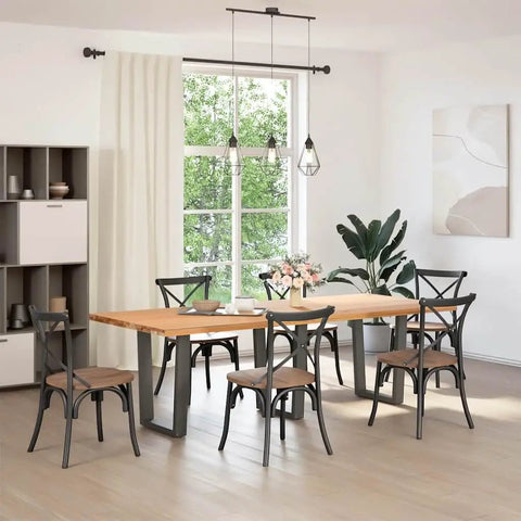 Dining room with wood table supported by adjustable dining table legs set of 3 in sturdy steel with levelers, anthracite V shaped.