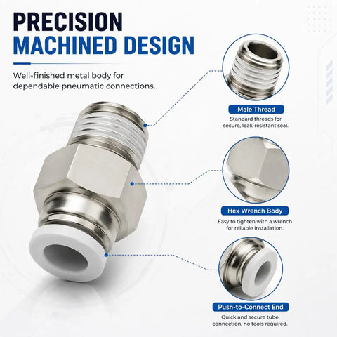 Push To Connect Pneumatic Straight Male Fittings 1/4 Inch Tube OD X 1/4 Inch NPT Thread PC1/4-N02 Pack Of 10 For Air Lines And Pneumatic Tools, Durable Quick Connectors. Precision-machined metal fitting with male thread and push-to-connect end