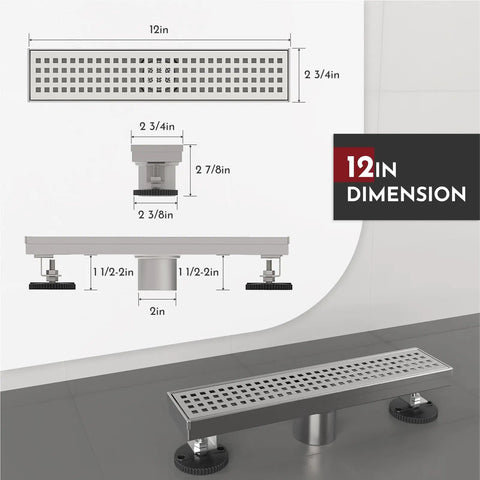 12 Inch Linear Shower Drain With Square Hole Grate Cover Rectangular Stainless Steel Floor Drain Removable Grate SUS304 CUPC Certified