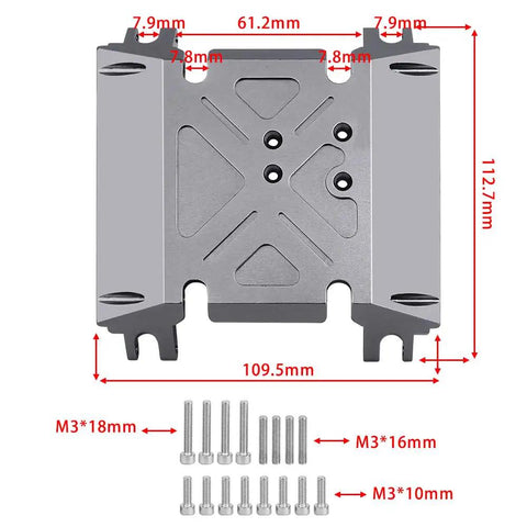CNC Aluminum Center Gearbox Mount and Transmission Skid Plate for Axial Wraith 1 by 10 RC Crawler 90018 with screw measurements