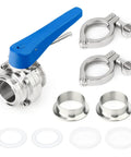 Front view of TAISHER 4-inch 304 stainless steel butterfly valve kit with blue lever, tri-clamp ferrules and gaskets