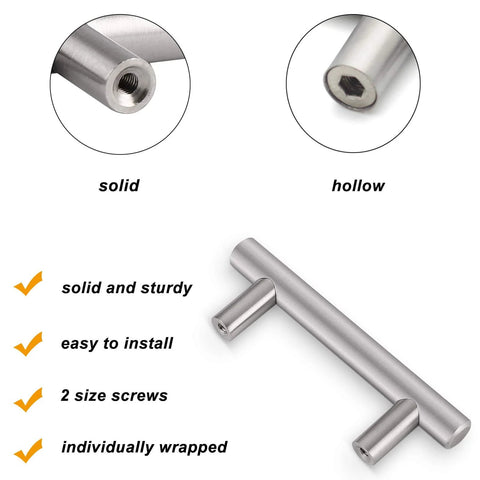 Solid Brushed Nickel Stainless Steel Kitchen Cabinet Handles 2-1/2 Inch Center to Center with solid and hollow options displayed