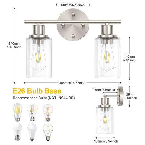 Dimensions guide for 2 Light Wall Sconce Vanity Light In Brushed Nickel With Clear Glass Shades, Modern Bath Vanity Fixture For Bathroom Mirror.