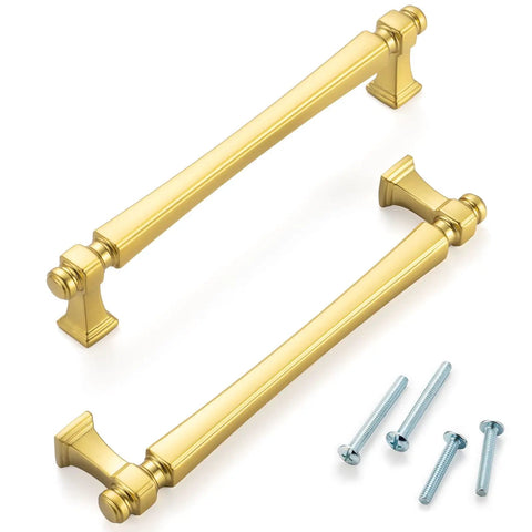 Top Shelf 5 Inch Brushed Gold Cabinet Pulls 10 Pack Sleek French Style Drawer Hardware For Kitchen And Bathroom Kickass Solid Metal Build Rust Resistant Finish With Zero Hassle Installation Kit Included showing handles with screws.