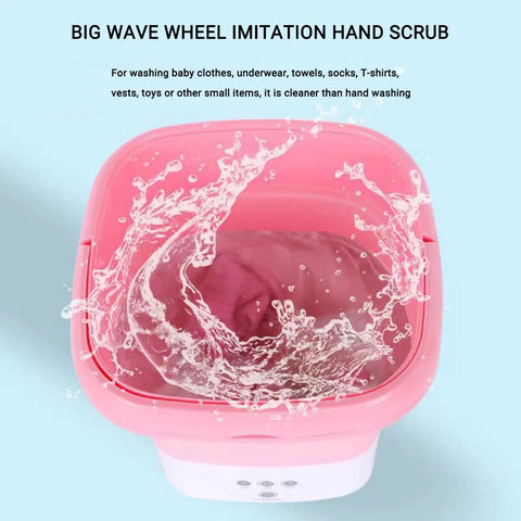 Top view of pink Compact Foldable Portable Washing Machine With Spin Dryer Bucket with water swirling inside