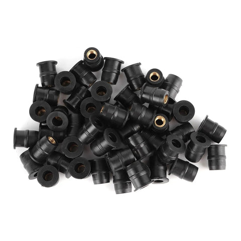 M5 Rubber Wellnuts Push Rivet Fasteners for Motorcycle Windscreen Fairing Clips, set of 50, black rubber with brass inserts.