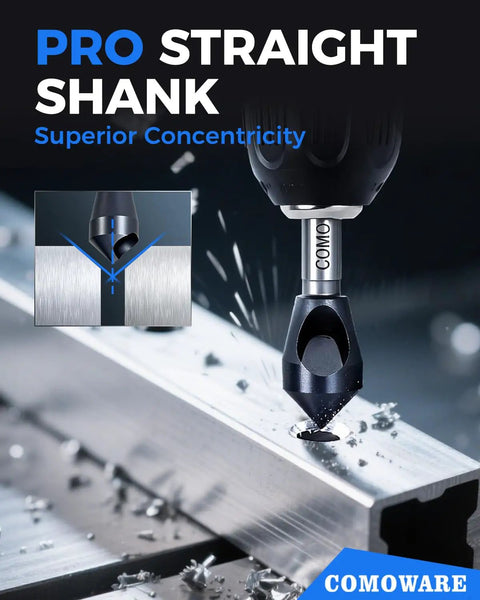 Top Notch M35 High Speed Steel Countersink Bits 1/2 Inch Shank 90 Degree Chamfer Drill Set With TiAIN Coating in action on metal.