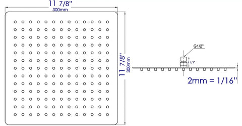 Diagram of Ultra Thin 12 Inch Square Rain Shower Head In Solid Stainless Steel Brushed Finish Fingerprint Resistant 2mm Thick