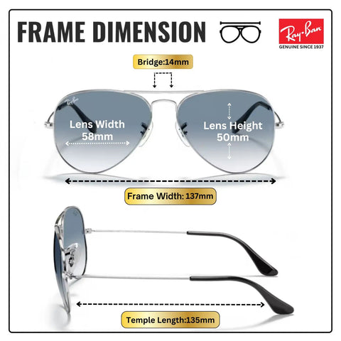 RB3025 Pilot Shape Non Polarized Sunglasses For Men And Women With Light Blue Gradient Lenses frame dimensions diagram