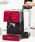 Badass 15 Bar Espresso Machine And Cappuccino Maker With Slick Milk Steamer and Hella Easy 7 Piece Barista Bundle Featuring Quick Grinder And Dual Cups For No Sweat Latte Prep And Knockout Drink Quality Daily In Blue, showing red espresso maker with steam knob and visible water tank.