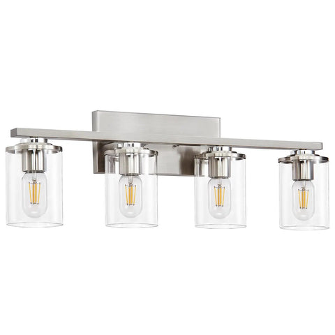 Brushed Nickel Vanity Light Fixtures For Modern Bathrooms With Clear Glass Shades Four Light E26 Standard Socket