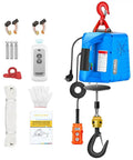 Upgraded 3 In 1 Electric Hoist Winch With 1100Lbs Capacity And 110V Power, includes remote, hook, ropes, gloves, and manual.