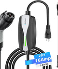 Portable Level 1 And Level 2 EV Charger With J1772 Home Connector features a 25ft cable and 16 Amp power for quick charging.