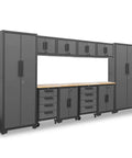 12 Piece Garage Storage Cabinet Set With Lockers Shelves Wood Workbench And Wall Cabinets For A Spotless Workshop Organization Built With Durable Steel Construction in black and gray