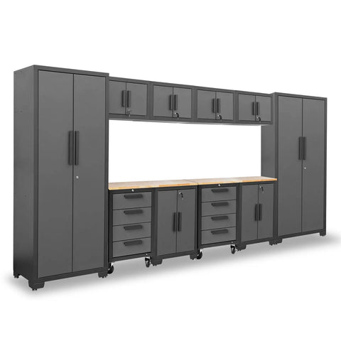 12 Piece Garage Storage Cabinet Set With Lockers Shelves Wood Workbench And Wall Cabinets For A Spotless Workshop Organization Built With Durable Steel Construction in black and gray