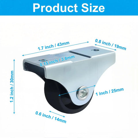 Mini Rigid Caster Wheels 1 Inch Low Profile Fixed Casters With Steel Top Plate Non Swivel, showing dimensions in inches and mm