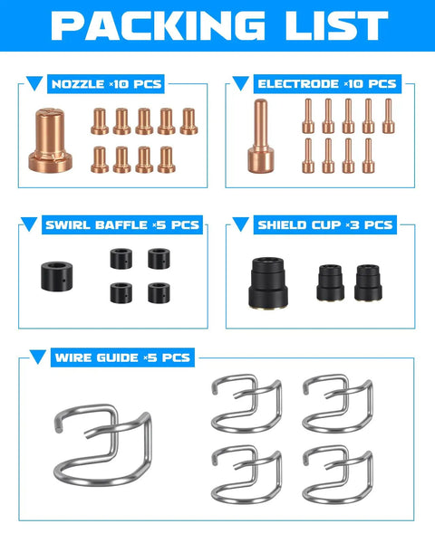 Plasma Cutter Torch Consumables Kit For Cut 55L Includes 10 Electrodes 10 Nozzles 3 Shield Cups 5 Swirl Baffles And 5 Wire Guides