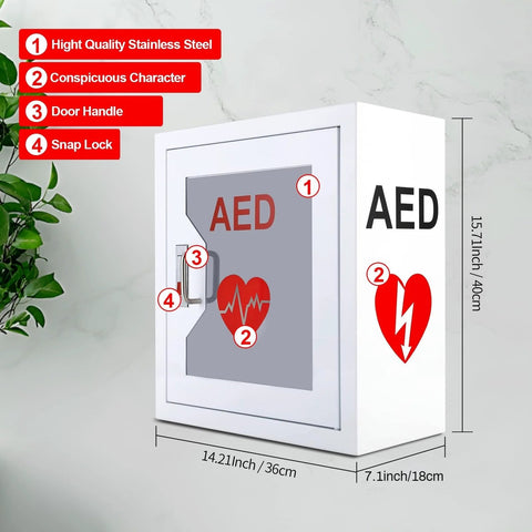 Front view of white AED cabinet wall-mount for all-brand defibrillators with glass door and metal handle.