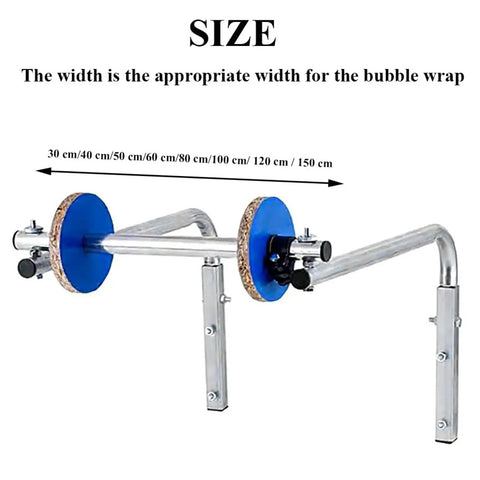Bubble Film Packing Rack Wall Mounted Dispenser showing adjustable width and blue holders for bubble wrap.