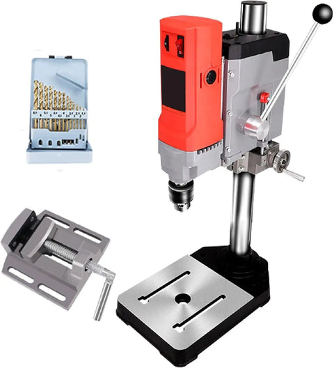Piefeak 1050w Bench Drill Press With Vice, Adjustable 6 Speed 50-2500rpm For Wood And Metal Working, includes drill bits and clamp.