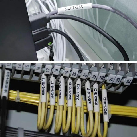 Three Pack Heat Shrink Label Tape features smooth peeling on multiple labeled cables for clear identification in a wiring setup.