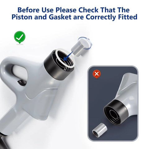 High Pressure Air Drain Plunger showing correct piston and gasket fitting for Quick Toilet Clogs And Drain Unclogging Easy To Use.