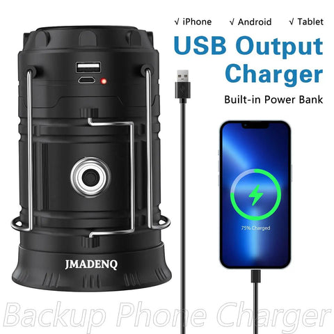 Black solar USB rechargeable lantern with phone charging feature next to a charging smartphone, showcasing portable design.