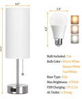 Touch Control Bedside Lamp With USB A And USB C Ports, 3-Way Dimmable Nightstand Light With White Fabric Shade dimensions and bulb