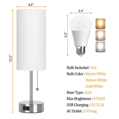 Touch Control Bedside Lamp With USB A And USB C Ports, 3-Way Dimmable Nightstand Light With White Fabric Shade dimensions and bulb