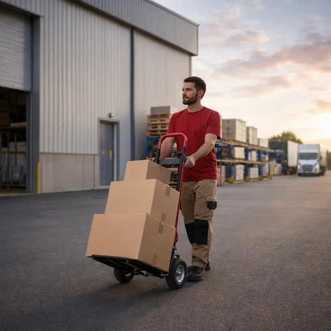 Heavy Duty Convertible Hand Truck Dolly Cart With Four Smooth Rolling Wheels And 1000 Pound Capacity For Moving Day Furniture Hauls And Warehouse Freight Moves in use with boxes.