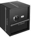 Fingerprint Safe Box For Home And Office With Fast Biometric Access And PIN Code Backup, Secures Handgun Jewelry Cash And Valuables In A 1.7 Cubic Feet Black Safe For Home Use Everyday with size dimensions shown