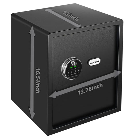 Fingerprint Safe Box For Home And Office With Fast Biometric Access And PIN Code Backup, Secures Handgun Jewelry Cash And Valuables In A 1.7 Cubic Feet Black Safe For Home Use Everyday with size dimensions shown