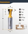 No Nonsense T Slot Router Bit For Slick T Track Cuts With Hella Durable Tungsten Carbide Tip Half Inch Shank and Diameter dimensions diagram.